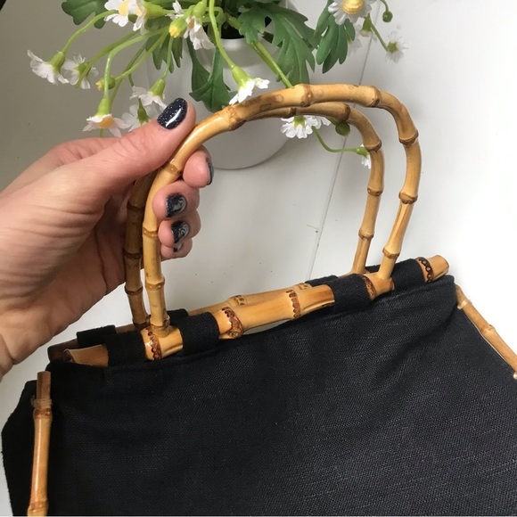 Beautiful Women’s Black Canvas/Linen Bamboo Handles Hand Bag Medium Size - Picture 4 of 8
